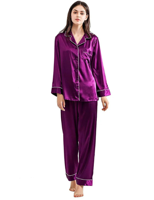 Elegant Satin Pajama Set – Women’s Luxe Sleepwear with White Piping
